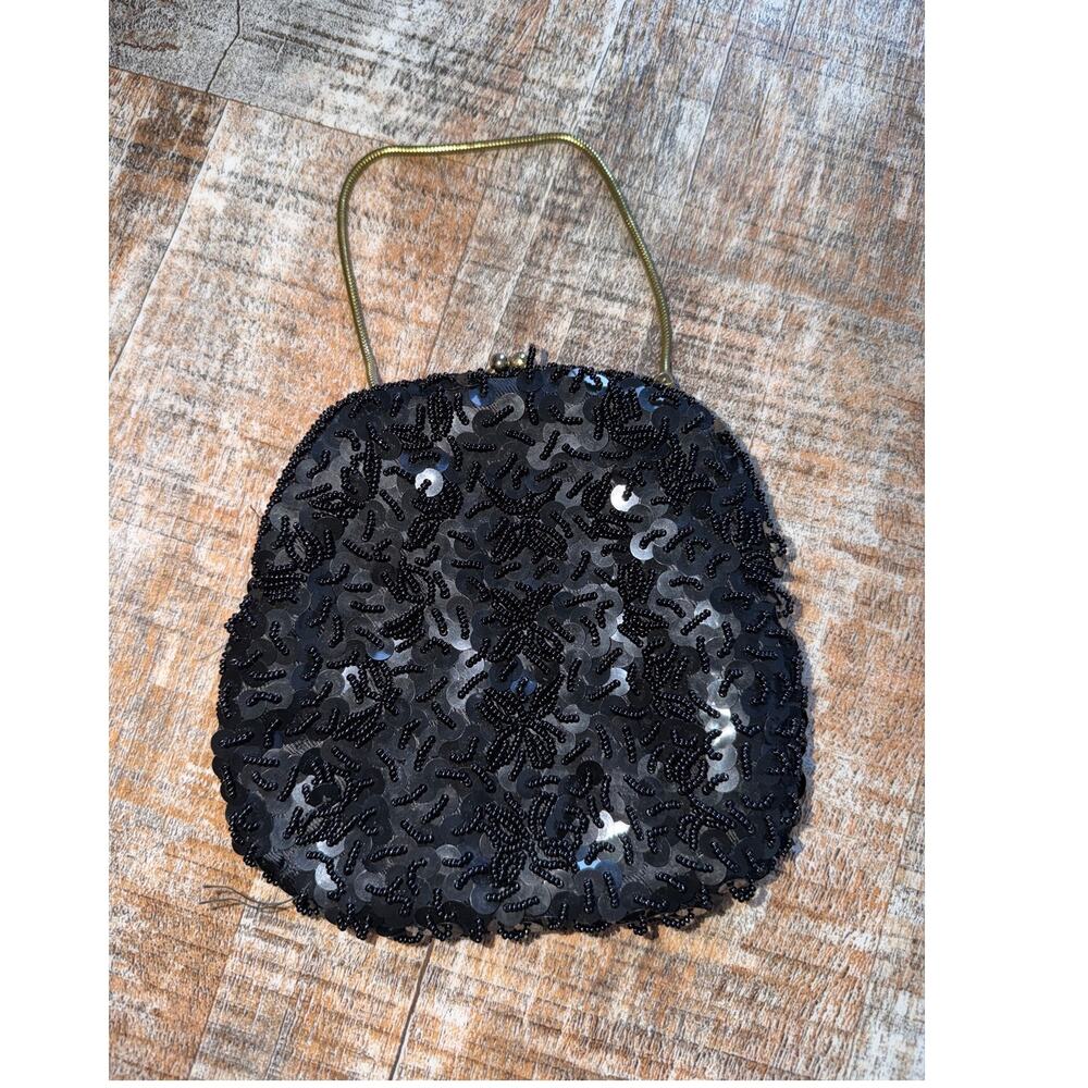 Vintage Black Beaded Sequin Evening Clutch Bag with Gold Strap Flapper